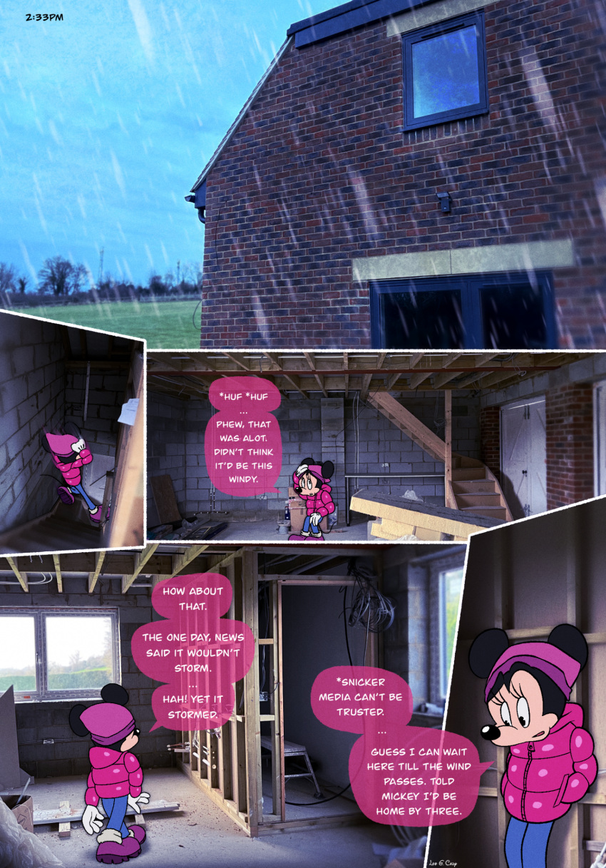 abandoned_building anthro building clothed clothing coat comic detailed_background dialogue dialogue_box digital_media_(artwork) disney english_text eyelashes female fur gloves handwear hat headgear headwear hi_res house leogcady mammal minnie_mouse mouse murid murine open_mouth photo_background photography_(artwork) raincoat raining rodent solo speech_bubble tail text topwear