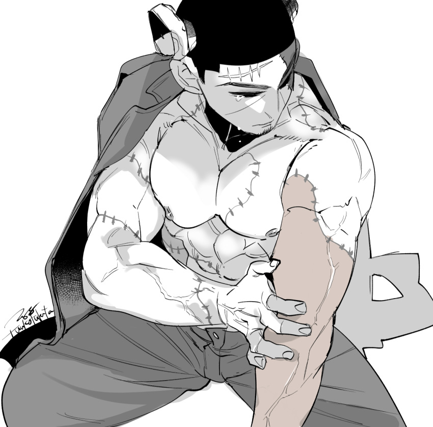 1boy abs artist_name closed_eyes closed_mouth coat coat_on_shoulders cosplay crying facial_hair frankenstein's_monster frankenstein's_monster_(cosplay) goatee golden_kamuy highres male_focus muscular muscular_male nipples object_through_head pants scar scar_on_face scar_on_forehead screw_in_head short_hair signature simple_background sitting solo spot_color stitched_arm stitched_torso stitches tears tsukishima_hajime tsuruko_turuta very_short_hair white_background
