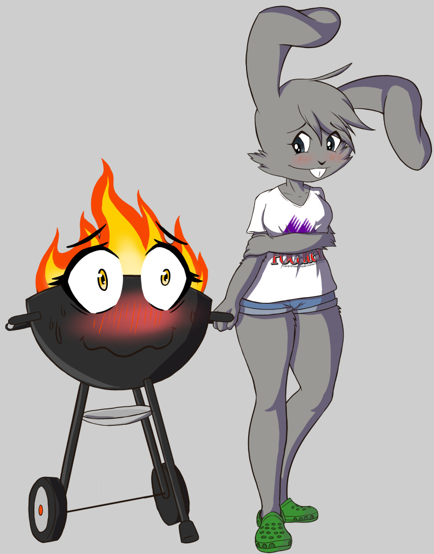 absurd_res ambiguous_gender anthro artdcora barbecue barbecue_grill blush blush_lines blushing_profusely bottomwear buckteeth cheek_tuft clothing duo facial_tuft female female/female fire footwear fur graphic_tee green_clothing green_footwear green_shoes grey_body grey_fur grill grill-chan_(artdcora) gynomorph hand_holding hi_res hotpants intersex lagomorph leporid mammal metallic_body nervous_expression nervous_smile nervous_sweat rabbit sapphic sentient_object shirt shoes shorts t-shirt teeth topwear tricksy_(artdcora) tuft