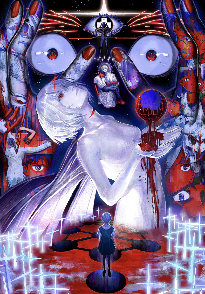 1girl 2boys abstract absurdres angel_(evangelion) ayanami_rei black_hair blood blood_from_eyes blood_on_hands blood_trail blue_hair breasts colored_skin commentary_request cross cross_in_eye eva_01 evangelion_(mecha) expressionless fantasy giant giantess halo_behind_head highres holding holding_weapon ikari_shinji ikuta41 lance_of_longinus_(evangelion) light_blue_hair lilith_(ayanami_rei) lilith_(evangelion) looking_up medium_breasts multiple_boys multiple_views nagisa_kaworu neon_genesis_evangelion nude pants red_eyes red_nails red_pupils red_skin scared school_uniform shirt short_hair size_difference slit_throat the_end_of_evangelion tokyo-3_middle_school_uniform wading weapon white_hair white_shirt wide-eyed wings