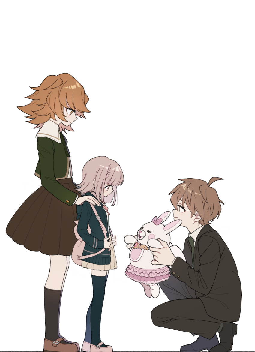 1girl 2boys aged_down ahoge animal_bag blunt_bangs brown_footwear brown_hair brown_skirt cat_bag cheeseko danganronpa:_trigger_happy_havoc danganronpa_(series) danganronpa_2:_goodbye_despair danganronpa_3_(anime) fujisaki_chihiro green_jacket hand_on_another's_shoulder highres holding holding_stuffed_toy hood hood_down jacket kneehighs looking_at_another medium_hair miniskirt multiple_boys naegi_makoto nanami_chiaki open_clothes open_jacket pink_bag pleated_skirt shoes short_hair simple_background skirt smile socks stuffed_toy usami_(danganronpa) white_background