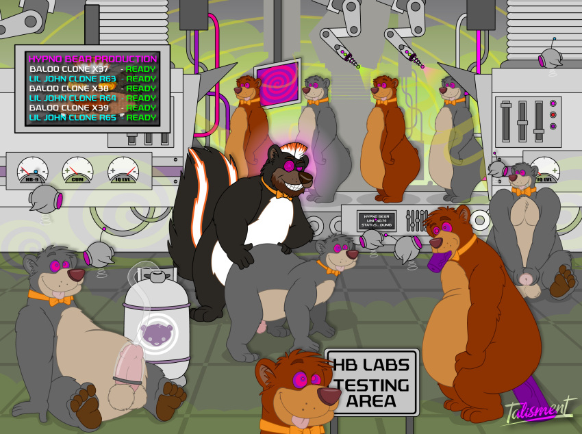 all_fours anal anal_penetration anthro baloo bear blake_(talisment) bow_tie brown_bear clone computer computer_screen conveyor_belt dildo dildo_in_ass dildo_in_mouth dildo_insertion dildo_sitting doggystyle drone electronics erection factory feet floor from_behind_position genitals grin group hi_res hybrid hypnosis hypnosis_eyes hypnosis_sex laser little_john male male/male mammal masturbation mephitid meter mind_control mohawk mostly_nude nude obese obese_anthro obese_male object_in_ass oral oral_penetration overweight overweight_anthro overweight_male penetration penis propane_tank screen sex sex_toy sex_toy_in_ass sex_toy_in_mouth sex_toy_insertion sign sitting skunk sloth_bear smile standing suction_device talisment teeth teeth_showing the_jungle_book tile tile_floor tongue tongue_out ursine