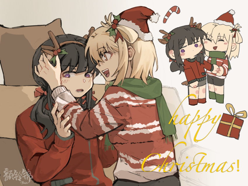 2girls antlers black_hair black_shorts blonde_hair blush bright_pupils candy candy_cane chinese_commentary christmas closed_eyes commentary_request cushion food gift green_scarf green_socks hand_on_another's_arm hands_on_another's_head hat highres horns inoue_takina long_hair long_sleeves looking_at_another lycoris_recoil medium_hair merry_christmas multiple_girls nishikigi_chisato open_mouth orange_eyes parted_lips purple_eyes red_socks red_sweater reindeer_antlers santa_hat scarf shorts smile socks striped_clothes striped_sweater sweater twintails white_pupils yanlingjinshilihuahua yuri