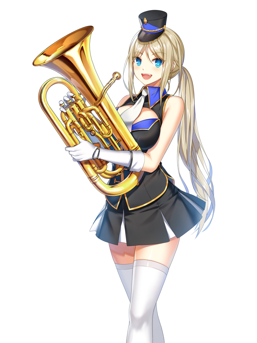 1girl :d alternate_hair_color band_uniform bare_shoulders black_headwear black_jacket black_skirt blonde_hair blue_eyes breasts buttons cleavage_cutout closers clothing_cutout collared_jacket double-breasted euphonium feet_out_of_frame fold-over_gloves gloves hands_up hat highres holding holding_instrument impossible_clothes impossible_jacket instrument jacket large_breasts long_hair looking_at_viewer looking_to_the_side marching_band mini_shako_cap miniskirt necktie official_art parted_bangs pleated_skirt ponytail shako_cap sidelocks skirt sleeveless sleeveless_jacket smile solo teeth thighhighs uniform upper_teeth_only very_long_hair walking white_background white_gloves white_necktie white_thighhighs wing_collar yuri_seo zettai_ryouiki