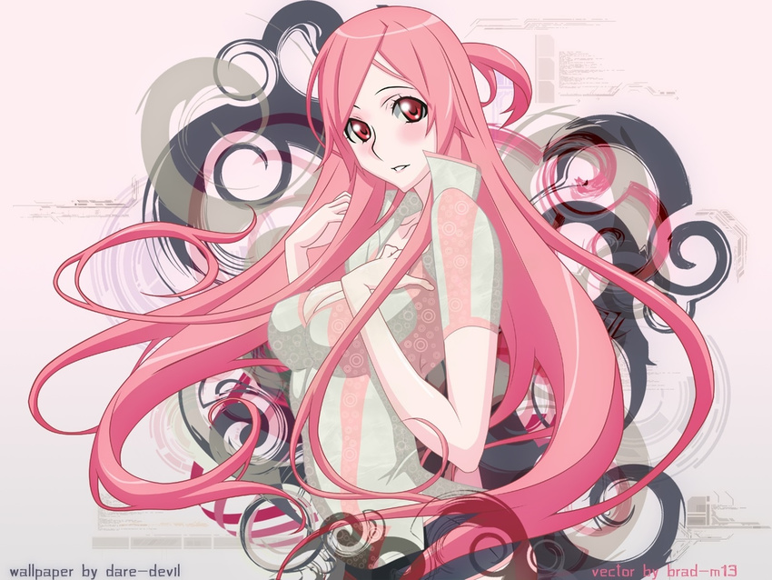 1girl arched_back artist_request blush brad-m13 breasts cleavage dragonaut female hand_on_own_chest high_collar highres long_hair looking_at_viewer parted_lips pink_hair red_eyes solo toa uniform vector_trace wallpaper