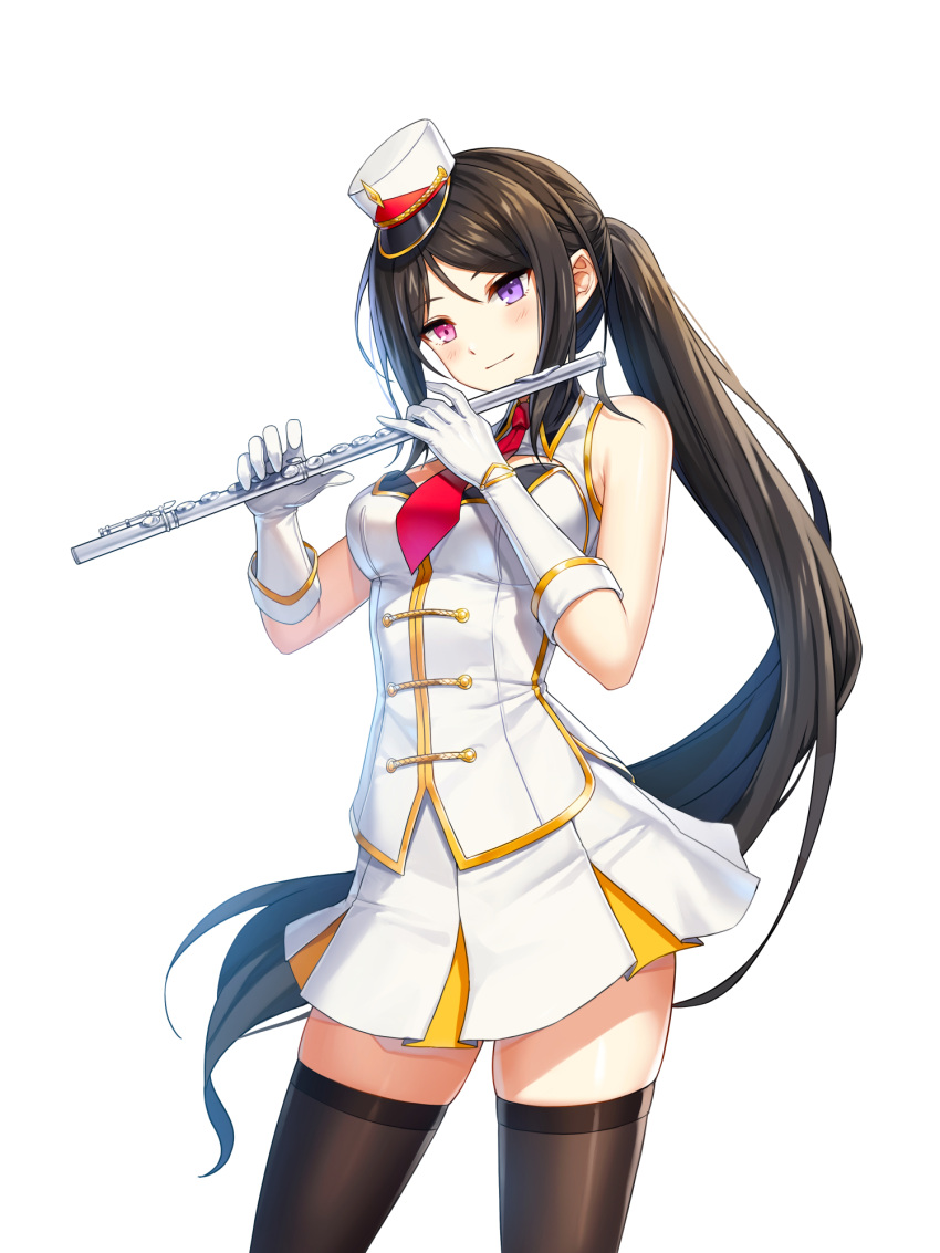 1girl bai_winchester band_uniform bare_shoulders black_hair black_thighhighs blush breasts buttons cleavage_cutout closers clothing_cutout collared_jacket cowboy_shot double-breasted flute fold-over_gloves gloves hands_up hat head_tilt heterochromia highres holding holding_flute holding_instrument instrument jacket legs_apart long_hair looking_down marching_band medium_breasts mini_shako_cap miniskirt necktie official_art parted_bangs pink_eyes pleated_skirt ponytail purple_eyes red_necktie shako_cap sidelocks skirt sleeveless sleeveless_jacket smile solo standing thighhighs transverse_flute very_long_hair white_background white_gloves white_headwear white_jacket white_skirt zettai_ryouiki