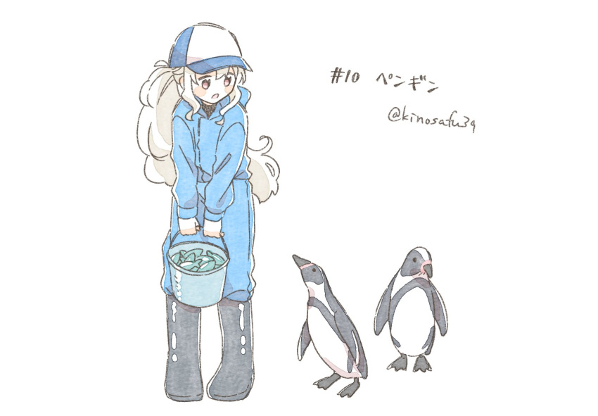 1girl alternate_costume animal animal_name baseball_cap bird black_footwear blue_headwear blue_jacket blue_pants blush_stickers boots bucket commentary fish full_body hat highres holding holding_bucket jacket kagerou_project kozakura_marry long_sleeves looking_at_animal looking_down numbered open_mouth pants pants_tucked_in penguin pink_eyes sa-fu_(sfmk39) simple_background solo standing translated twitter_username two-tone_headwear white_background white_hair white_headwear