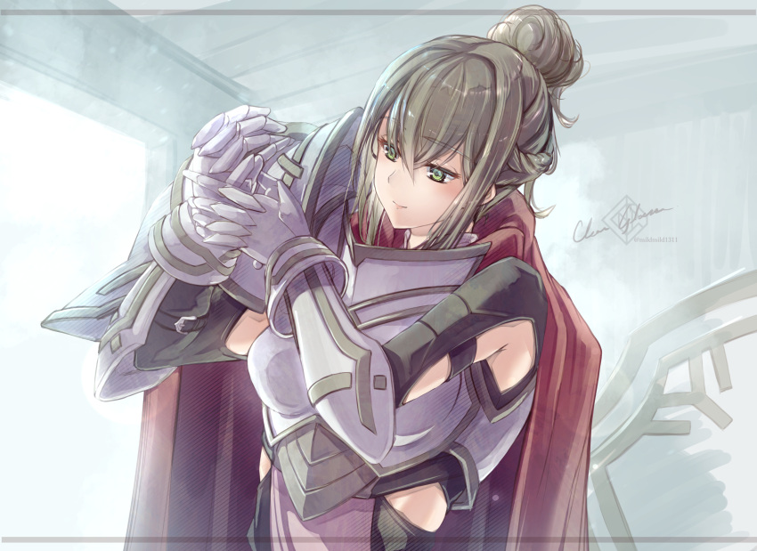 1girl absurdres armor bodysuit bodysuit_under_clothes breastplate clear_glass_(mildmild1311) effie_(fire_emblem) effie_(resplendent)_(fire_emblem) fire_emblem fire_emblem_fates fire_emblem_heroes gauntlets green_eyes grey_hair hair_bun highres official_alternate_costume shoulder_armor single_hair_bun