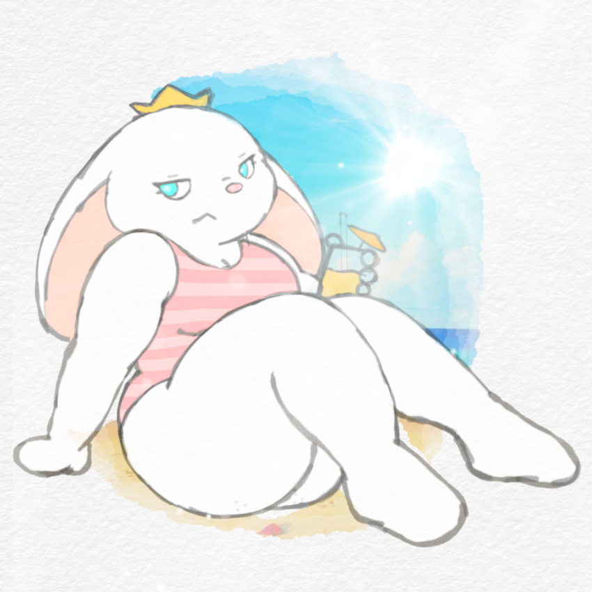 animal_humanoid anthro barefoot beach beverage big_butt blue_eyes breasts butt clothed clothing digital_media_(artwork) feet female freckled_butt freckles fur grumpy hi_res humanoid lagomorph lagomorph_humanoid line_art love mammal mammal_humanoid one-piece_swimsuit orange_juice pattern_clothing pattern_swimwear pink_clothing pink_stripes pink_swimwear royalty sand short short_stack simple_background sitting sitting_on_ground slightly_chubby solo stack striped_clothing striped_swimwear stripes sunny swimsuit_only swimwear thick_thighs unknown_artist white_body white_fur wide_hips