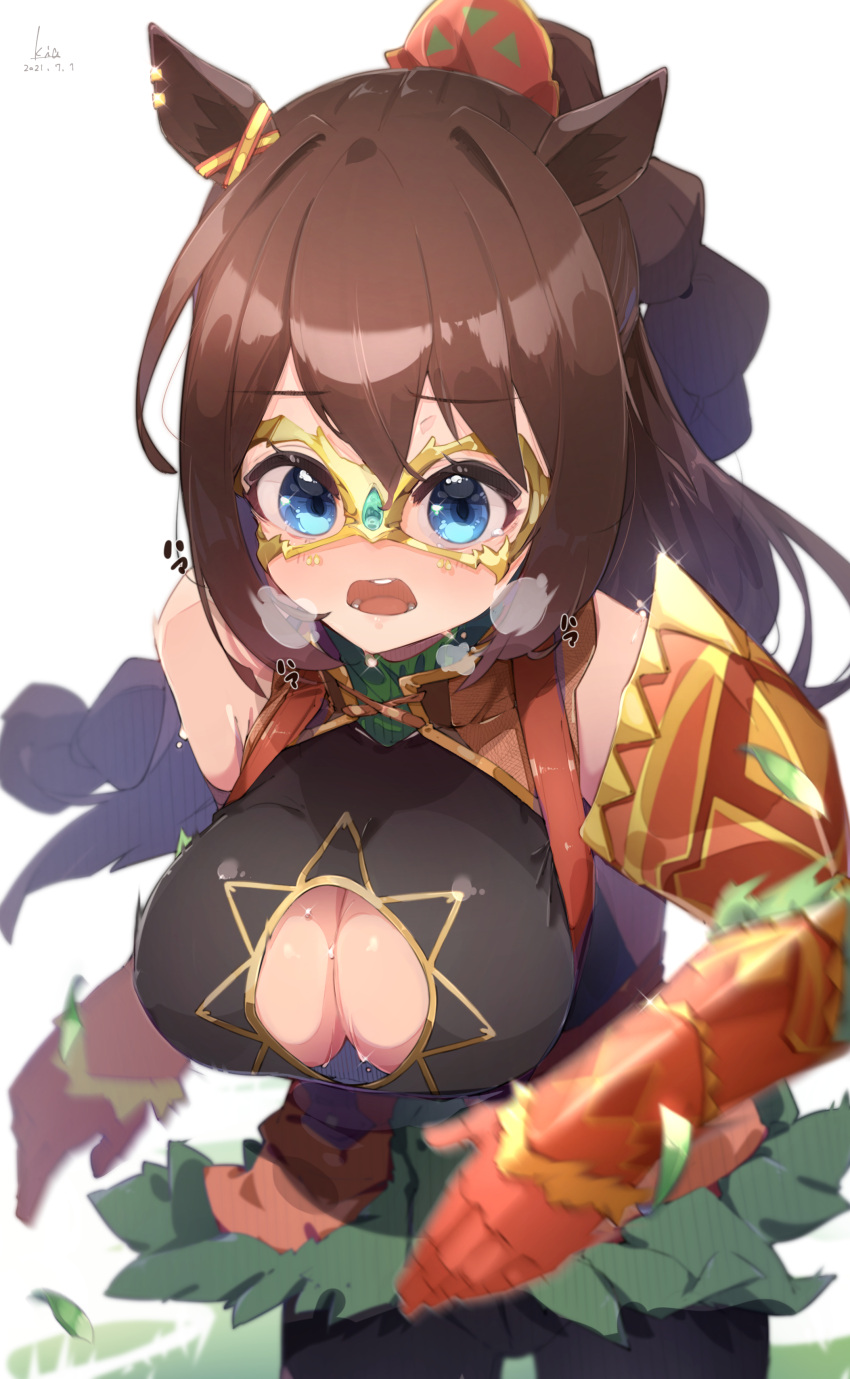 1girl absurdres animal_ear_piercing animal_ears armor black_shirt blue_eyes braid braided_ponytail breasts brown_hair cleavage cleavage_cutout clothing_cutout commentary domino_mask ear_ribbon el_condor_pasa_(kukulkan_monk)_(umamusume) el_condor_pasa_(umamusume) gauntlets green_skirt hair_between_eyes heavy_breathing highres horse_ears horse_girl kia_0088 large_breasts long_hair mask official_alternate_costume official_alternate_hairstyle open_mouth running shirt short_braid single_bare_shoulder skirt solo sweat umamusume very_sweaty