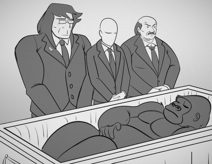 2024 5_fingers adult_swim anon_(snoot_game) ape aqua_teen_hunger_force bald black_and_white carl_brutananadilewski cartoon_network cavemanon_studios clothing coffin eyewear facial_hair fingers funeral glasses gorilla group hair haplorhine harambe human long_hair male mammal meme monochrome mr._carldewskii_(snoot_game) mustache necktie primal_(series) primate principal_spears seven_(artist) sketch snoot_game suit