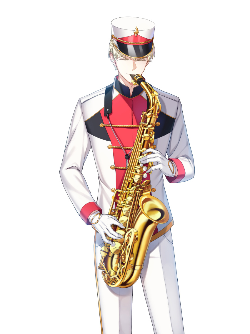 1boy alto_saxophone band_uniform blonde_hair buttons closed_eyes closed_mouth closers collared_jacket cowboy_shot double-breasted facing_viewer gloves hat high_collar highres holding holding_instrument instrument jacket legs_apart long_sleeves male_focus marching_band music official_art pants playing_instrument saxophone shako_cap short_hair single_vertical_stripe smile solo standing uniform white_background white_gloves white_headwear white_jacket white_pants wolfgang_schneider