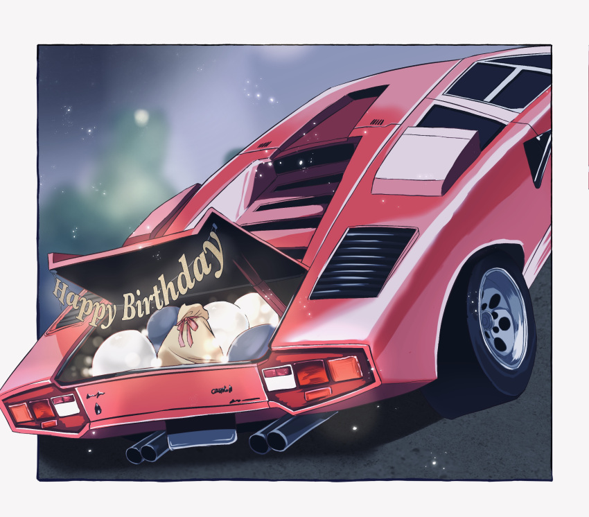 border car grey_border happy_birthday highres lamborghini lamborghini_countach motor_vehicle mugi_(marineblue134) original outside_border shadow sports_car vehicle_focus