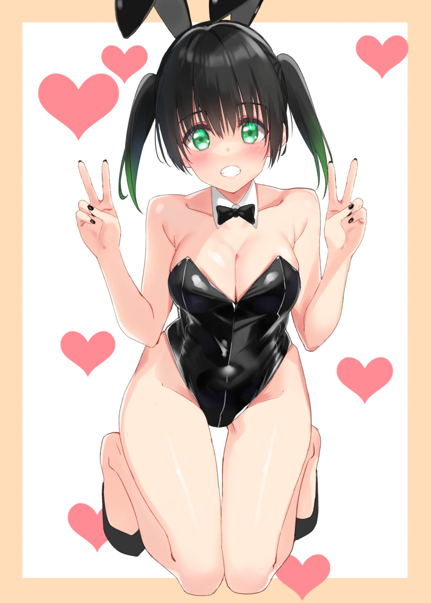 1girl animal_ears black_hair black_leotard blush bow bowtie detached_collar fake_animal_ears green_eyes hair_between_eyes highres kuro_neko_(38-21) leotard looking_at_viewer love_live! love_live!_nijigasaki_high_school_idol_club medium_hair open_mouth playboy_bunny rabbit_ears smile takasaki_yuu twintails