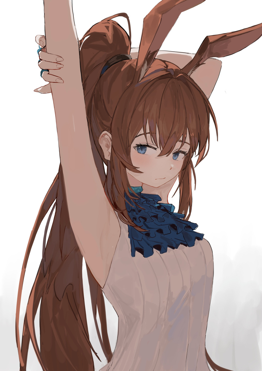 1girl absurdres amiya_(arknights) animal_ears arknights armpits arms_up ascot blue_ascot blue_collar blue_eyes blush brown_hair collar crossed_bangs dimas_(dimas79756948) frilled_ascot frills hair_between_eyes highres long_hair looking_to_the_side ponytail purple_ascot rabbit_ears rabbit_girl shirt sidelocks sleeveless sleeveless_shirt solo stretching very_long_hair white_shirt