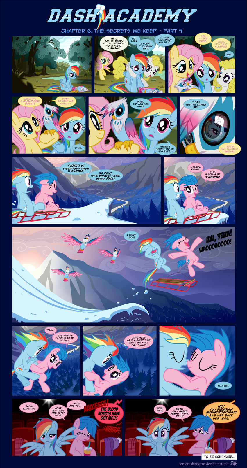 avian awake bird blonde_hair blue_eyes blue_hair comic dialog dream english_text equine female firefly_(mlp) fluttershy_(mlp) flying forest friendship_is_magic hair holding horse hug mammal mountain movie movie_theater my_little_pony pegasus pine_tree pink_hair pony purple_eyes rainbow_dash_(mlp) reflection scarf sled snow sorcerushorserus stream surprise_(mlp) text tree valley water wing_boner wings