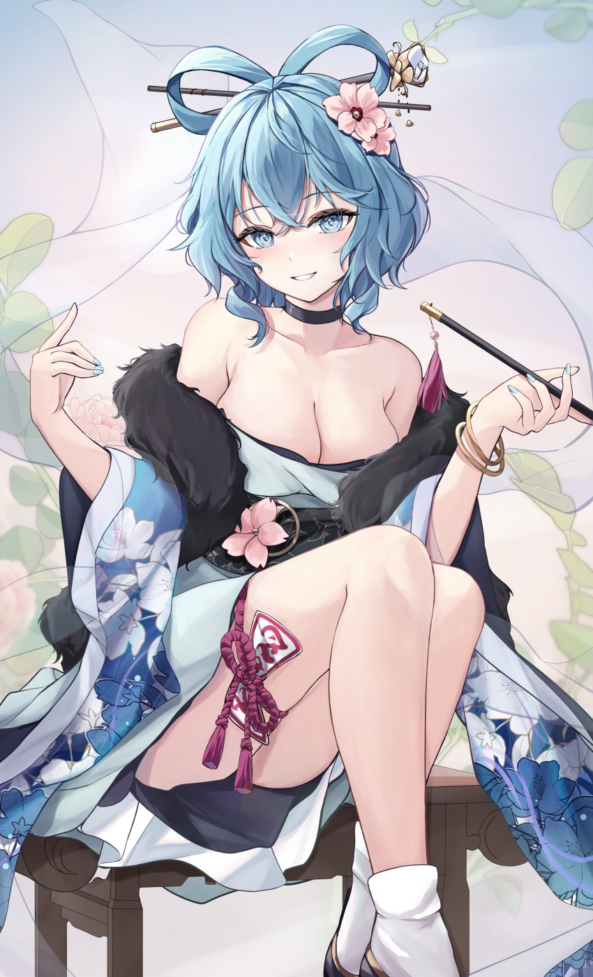 1girl absurdres adapted_costume blue_eyes blue_hair blue_kimono blue_nails bracelet breasts chisel cleavage commentary floral_print flower fur_trim hair_flower hair_ornament hair_rings hair_stick highres holding holding_smoking_pipe japanese_clothes jewelry kaku_seiga kimono looking_at_viewer orchid_(orukido) shawl short_hair sitting smoking_pipe socks solo touhou white_socks