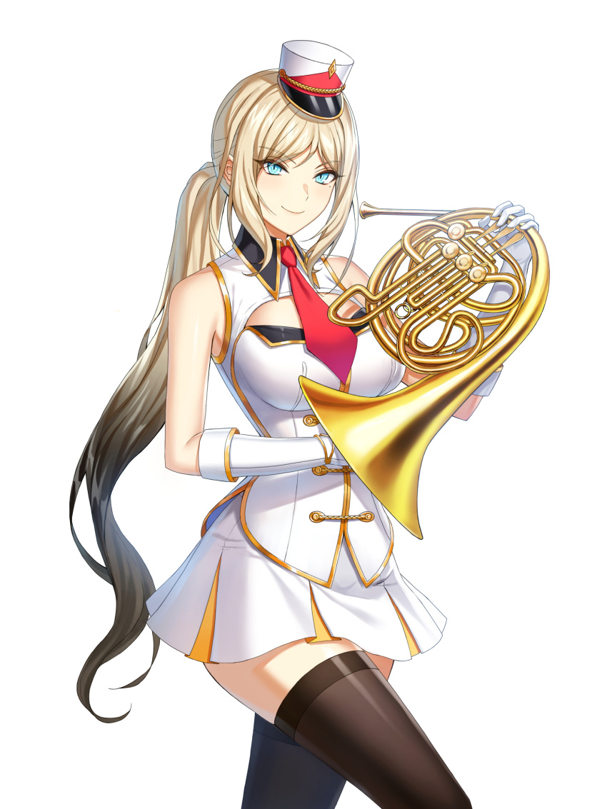 1girl band_uniform bare_shoulders black_hair black_thighhighs blonde_hair blue_eyes breasts buttons cleavage_cutout closed_mouth closers clothing_cutout collared_jacket cowboy_shot double-breasted fold-over_gloves french_horn gloves gradient_hair hand_up harpy_(closers) hat highres holding holding_instrument instrument jacket large_breasts leg_up long_hair marching_band mini_shako_cap miniskirt mole mole_under_eye multicolored_hair necktie official_art pleated_skirt ponytail red_necktie shako_cap sidelocks skirt sleeveless sleeveless_jacket smile solo thighhighs uniform v-shaped_eyebrows very_long_hair walking white_background white_gloves white_headwear white_jacket white_skirt wing_collar zettai_ryouiki