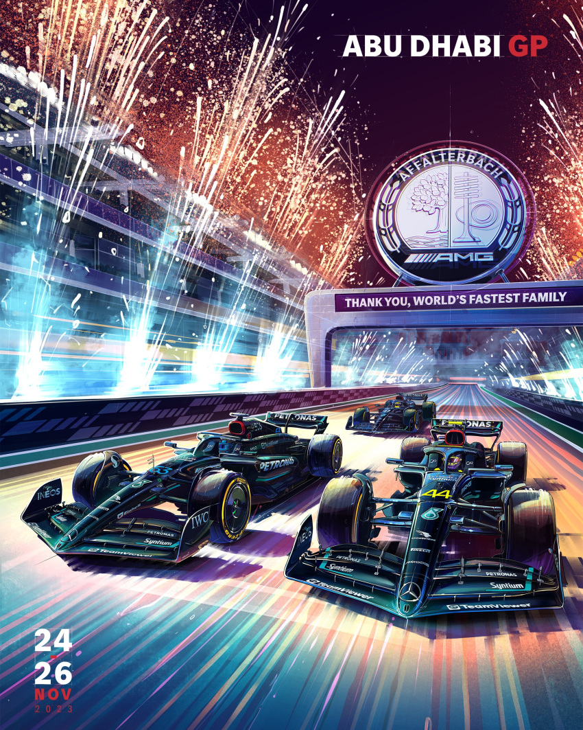 3boys absurdres andrew_mytro car english_commentary fireworks formula_one formula_racer george_russell helmet highres lewis_hamilton logo mercedes-amg_f1_w14 mick_schumacher motion_blur motor_vehicle multiple_boys night official_art race_vehicle racecar racetrack racing real_life spoiler_(automobile) vehicle_focus yas_marina_circuit