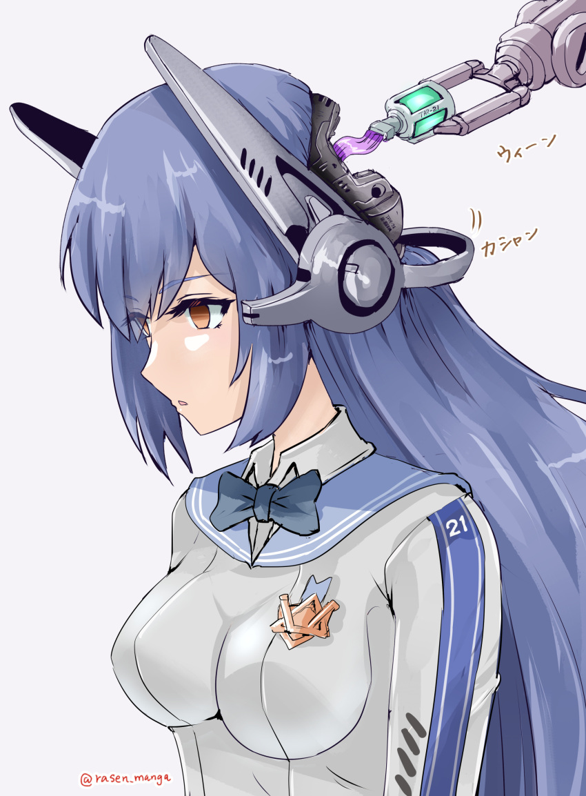 1girl absurdres android blue_hair blue_necktie blush breasts computer_chip girls'_frontline hair_between_eyes headgear hexagram highres leotard long_hair long_sleeves mechanical_ears mechanical_parts necktie rasen_manga robot_ears solo star_of_david tar-21_(girls'_frontline) very_long_hair white_leotard yellow_eyes