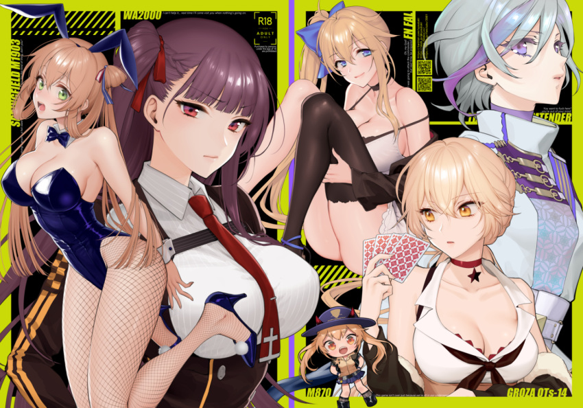 6+girls animal_ears between_breasts black_jacket black_thighhighs blonde_hair blue_bow blue_bowtie blue_eyes blue_footwear blue_leotard bow bowtie braid breasts brown_hair card character_name chibi choker cleavage collar contender_(girls'_frontline) contender_(opera_ghost)_(girls'_frontline) cover cover_page detached_collar doujin_cover fake_animal_ears fal_(girls'_frontline) fishnets french_braid girls'_frontline green_eyes grey_hair hair_ribbon holding holding_card jacket large_breasts leotard long_hair looking_at_viewer m870_(girls'_frontline) multicolored_hair multiple_girls necktie necktie_between_breasts off_shoulder open_mouth orange_eyes ots-14_(girls'_frontline) playboy_bunny purple_eyes purple_hair rabbit_ears red_choker red_eyes red_necktie red_ribbon ribbon short_hair shoukaki_(earthean) side_ponytail single_thighhigh sitting smile springfield_(girls'_frontline) streaked_hair teeth thighhighs wa2000_(girls'_frontline) white_collar