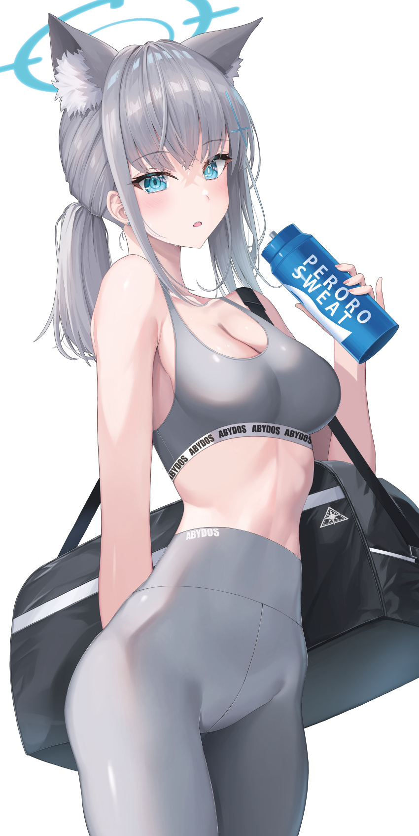 1girl absurdres alter_(kxk7357) animal_ear_fluff animal_ears blue_archive blue_eyes blush bottle breasts cleavage cross_hair_ornament extra_ears grey_hair grey_pants grey_sports_bra hair_between_eyes hair_ornament highres holding holding_bottle medium_breasts medium_hair mismatched_pupils open_mouth pants pocari_sweat shiroko_(blue_archive) simple_background solo sports_bra white_background wolf_ears