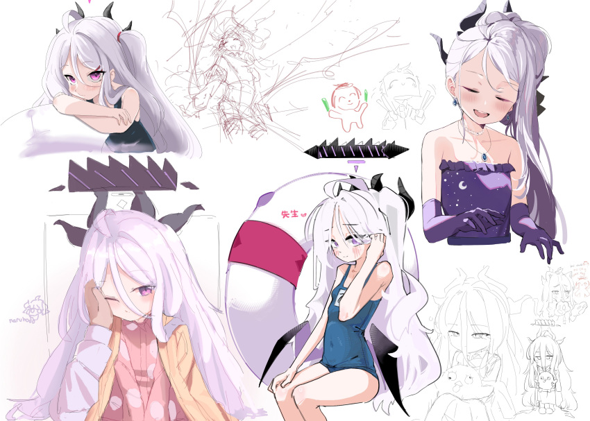 1boy 1girl absurdres asymmetrical_sidelocks blue_archive blue_one-piece_swimsuit cropped_torso demon_horns demon_wings doodle_sensei_(blue_archive) dress elbow_gloves gloves grey_hair hair_tucking halo hand_on_another's_cheek hand_on_another's_face highres hina_(blue_archive) hina_(dress)_(blue_archive) hina_(pajamas)_(blue_archive) hina_(swimsuit)_(blue_archive) horns innertube long_hair_between_eyes multiple_views official_alternate_costume old_school_swimsuit one-piece_swimsuit one_side_up pajamas partially_colored pink_pajamas purple_dress purple_gloves school_swimsuit sensei_(blue_archive) sketch swim_ring swimsuit timo_wei95 wings