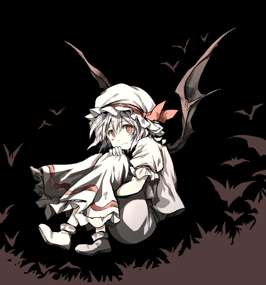 1girl absurdres bat_(animal) bat_wings black_background blue_hair bow dress floating full_body hat hat_bow hat_ribbon highres looking_at_viewer mob_cap puffy_short_sleeves puffy_sleeves red_bow red_eyes red_ribbon remilia_scarlet ribbon shimoda_masaya short_hair short_sleeves smile solo touhou white_dress wings