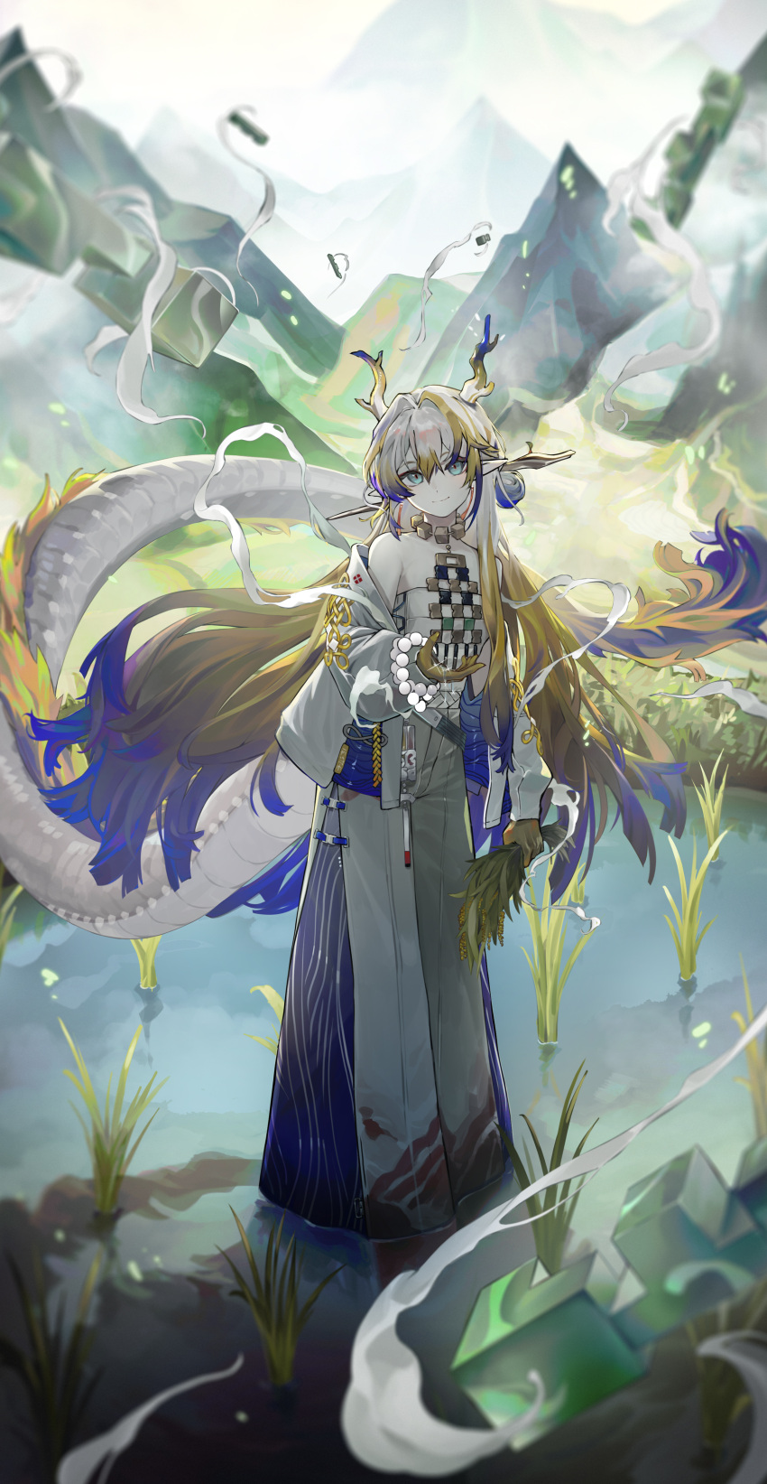 1girl absurdres aqua_eyes arknights bare_shoulders beads belt blonde_hair blurry closed_mouth dragon_girl dragon_horns dragon_tail earrings farm floating_hair full_body grey_hair grey_horns grey_tail hair_between_eyes hair_intakes hand_up head_tilt highres holding holding_plant horns jacket jewelry light_smile long_hair long_sleeves looking_at_viewer magic multicolored_hair necklace off_shoulder open_clothes open_jacket outdoors pale_skin pants plant pointy_ears purple_hair purple_horns purple_tail sheaf shu_(arknights) solo sparkle standing strapless tail toga_(toganawa) tube_top very_long_hair water wheat white_belt white_jacket white_pants white_tube_top yellow_horns yellow_tail