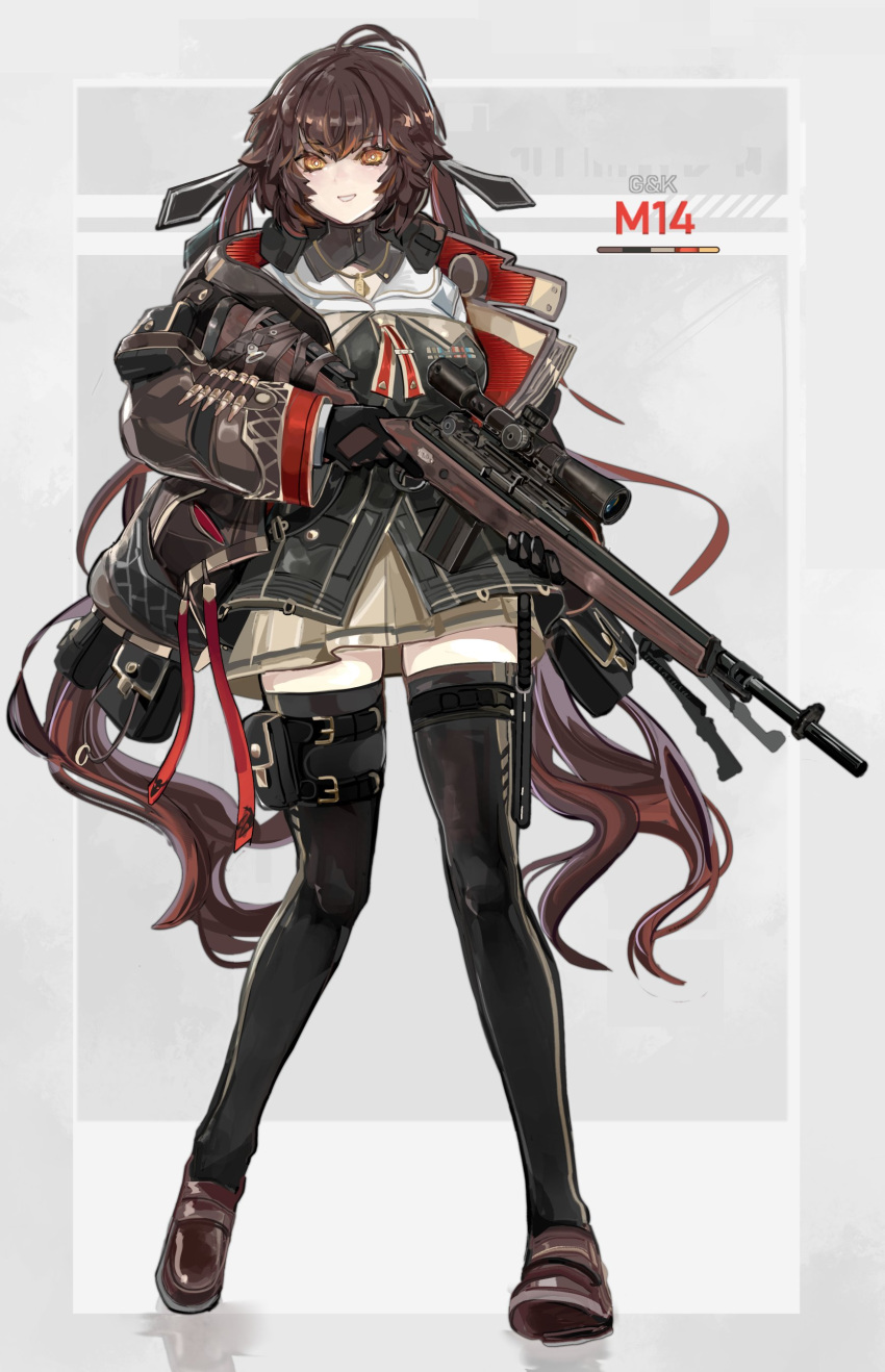 1girl absurdres alternate_color battle_rifle black_gloves black_shirt black_thighhighs brown_hair brown_jacket brown_skirt character_name dog_tags english_commentary full_body girls'_frontline gloves grey_background gun highres holding holding_gun holding_weapon jacket long_hair m14 m14_(girls'_frontline) m14_(mod3)_(girls'_frontline) nslacka off-shoulder_shirt off_shoulder open_clothes open_jacket orange_eyes parted_lips pouch rifle rifle_cartridge sailor_collar scope shirt simple_background skirt smile sniper_rifle thigh_pouch thigh_sheath thighhighs trigger_discipline twintails weapon weapon_name
