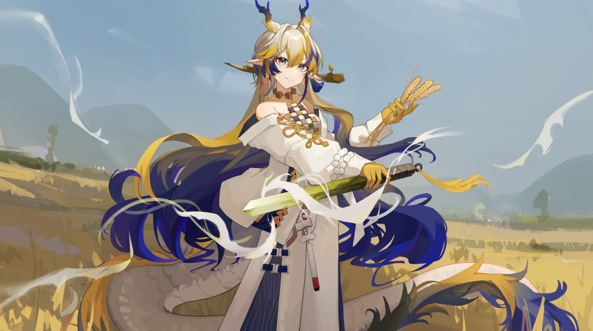 1girl absurdres arknights bare_shoulders beads blonde_hair closed_mouth colored_skin dragon_girl dragon_horns dragon_tail dress earrings feet_out_of_frame grey_eyes grey_hair grey_horns grey_tail hair_between_eyes hair_intakes highres holding holding_plant holding_sword holding_weapon horns jacket jewelry long_dress long_hair long_sleeves looking_at_viewer magic multicolored_hair necklace off_shoulder open_clothes open_jacket outdoors outstretched_arm plant pointy_ears purple_hair purple_horns purple_tail shenhai_xianyu_fan shu_(arknights) sketch_background smile solo standing strapless strapless_dress sword tail unfinished very_long_hair wavy_hair weapon wheat white_dress white_jacket yellow_horns yellow_tail