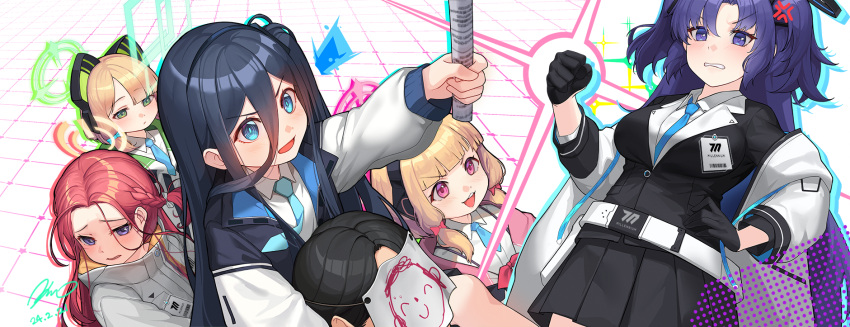 1boy 5girls absurdly_long_hair anger_vein animal_ear_headphones animal_ears aris_(blue_archive) black_gloves black_hair black_hairband black_skirt blonde_hair blue_archive blue_eyes blue_necktie blush breasts clenched_hand clenched_teeth closed_mouth collared_shirt dated doodle_sensei_(blue_archive) fake_animal_ears game_development_department_(blue_archive) gloves green_eyes green_halo hairband halo headphones highres jacket large_breasts long_hair long_sleeves mechanical_halo midori_(blue_archive) momera momoi_(blue_archive) multiple_girls necktie one_side_up open_clothes open_jacket open_mouth orange_halo pink_halo pleated_skirt purple_eyes purple_hair red_eyes red_hair sensei_(blue_archive) shirt short_hair signature skirt small_breasts smile teeth two_side_up very_long_hair white_jacket white_shirt yuuka_(blue_archive) yuzu_(blue_archive)