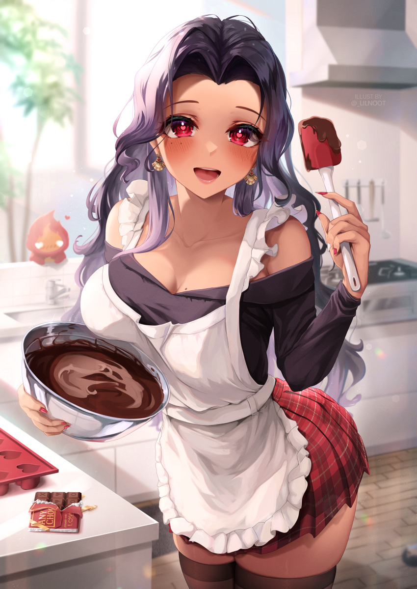 1girl absurdres apron black_hair black_shirt blurry blurry_background breasts chocolate collarbone dark-skinned_female dark_skin earrings heart heart-shaped_pupils highres holding_utensil jewelry kitchen large_breasts lil_noot long_hair looking_at_viewer mascot mixing_bowl mole mole_on_breast mole_under_eye nijisanji nijisanji_en off_shoulder open_mouth pink_eyes plaid plaid_skirt red_skirt scarle_yonaguni shirt sink skirt spatula symbol-shaped_pupils thighhighs twitter_username valentine virtual_youtuber white_apron