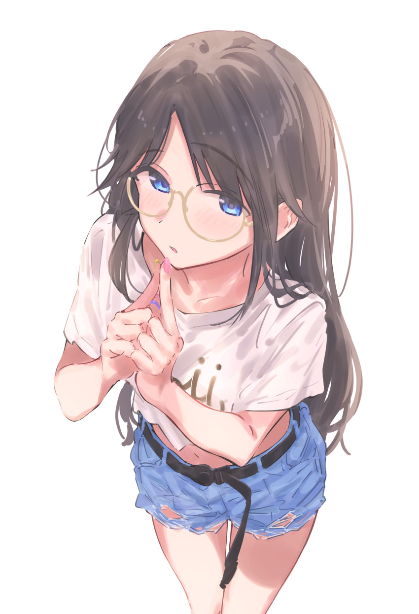 1girl absurdres black_hair blue_eyes blush collarbone cropped_shirt denim denim_shorts feet_out_of_frame fingernails glasses highres idolmaster idolmaster_shiny_colors index_fingers_together long_hair looking_at_viewer midriff mitsumine_yuika nail_polish natsumegu_(yvku8527) navel own_hands_together round_eyewear shirt short_sleeves shorts simple_background solo straight_hair torn_clothes torn_shorts very_long_hair white_background white_shirt