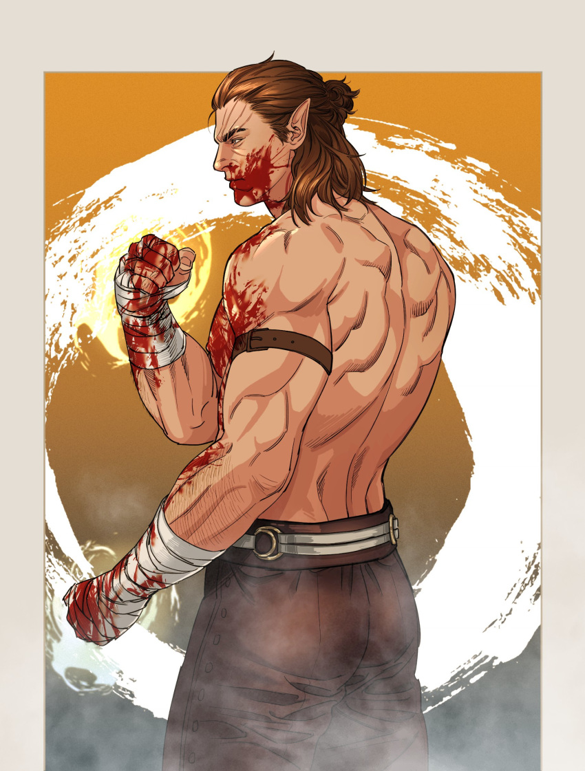 1boy absurdres ass back_muscles baldur's_gate baldur's_gate_3 bandaged_hand bandages bara blood blood_on_face blood_on_pectorals brown_hair bubujelra clenched_hands dark-skinned_male dark_skin dungeons_and_dragons elf halsin highres male_focus mature_male medium_hair muscular muscular_male pectorals pointy_ears sidepec solo sparse_arm_hair thick_eyebrows three_quarter_view topless_male