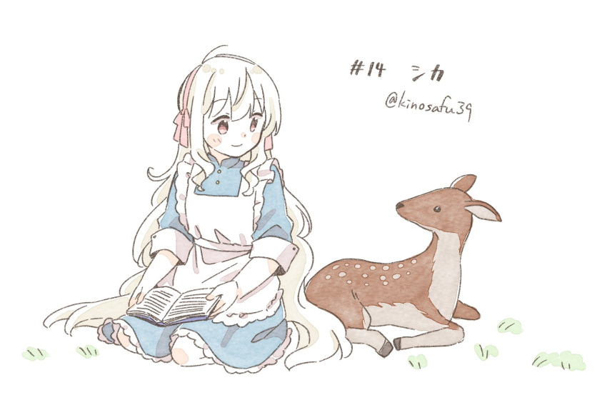 1girl animal animal_name apron blue_dress blush_stickers book buttons closed_mouth collared_dress commentary deer dress frilled_apron frilled_dress frills full_body hairband highres kagerou_project kozakura_marry long_hair looking_at_animal looking_to_the_side mandarin_collar numbered on_grass open_book pink_eyes pink_hairband pink_ribbon ribbon sa-fu_(sfmk39) shirt simple_background sitting sleeves_past_elbows smile solo translated twitter_username wavy_hair white_apron white_background white_hair white_shirt