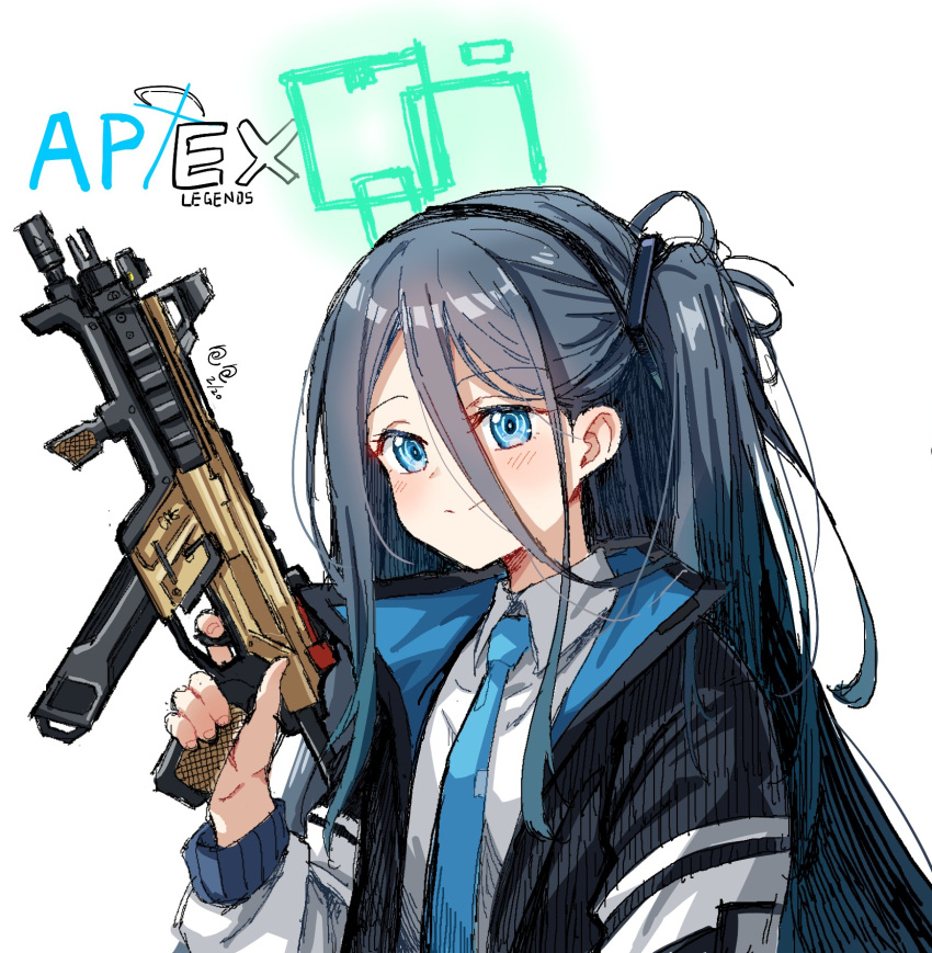 1girl absurdly_long_hair apex_legends aris_(blue_archive) black_hair black_hairband blue_archive blue_eyes blue_necktie blush chubb closed_mouth collared_shirt dated green_halo gun hairband halo highres holding holding_gun holding_weapon jacket long_hair long_sleeves necktie one_side_up open_clothes open_jacket shirt signature simple_background smile solo upper_body very_long_hair weapon white_background white_jacket white_shirt