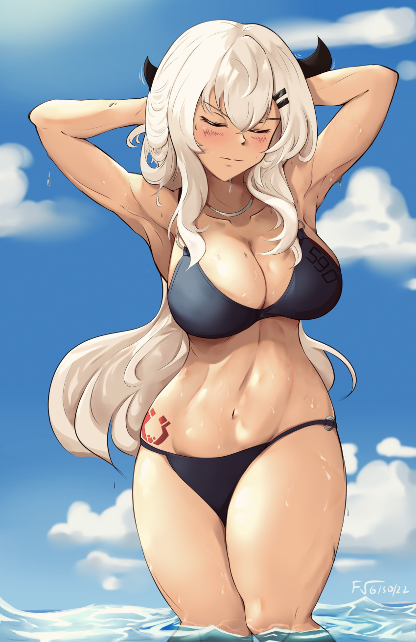 1girl absurdres armpits arms_behind_head bikini black_bikini blue_sky blush breasts cleavage closed_eyes cloud cloudy_sky cowboy_shot dated frozen_vayne girls'_frontline highres hip_tattoo large_breasts light_brown_hair long_hair m590_(girls'_frontline) multiple_hairpins navel outdoors partially_submerged sky solo straight-on swimsuit wet