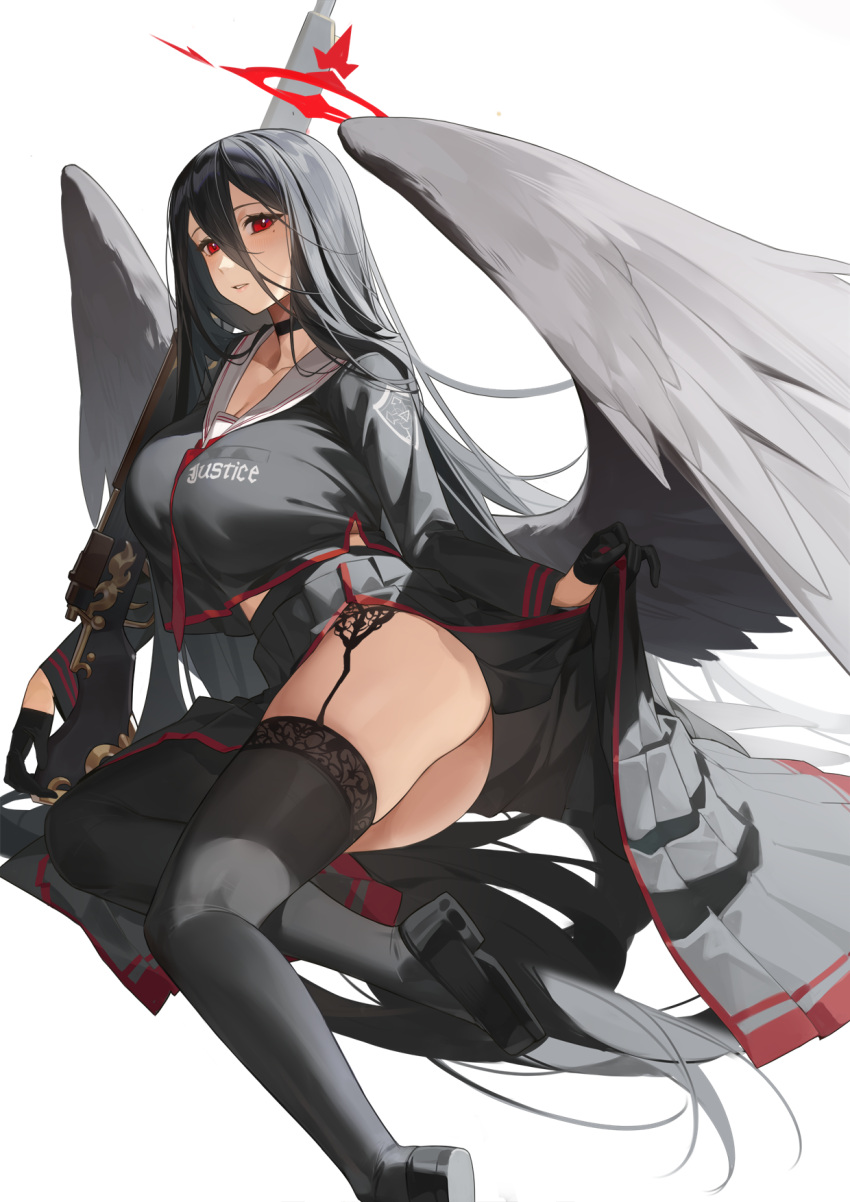 1girl black_choker black_footwear black_gloves black_hair black_skirt black_thighhighs black_wings blue_archive blush breasts choker feathered_wings gloves halo hasumi_(blue_archive) highres large_breasts long_hair mole mole_under_eye open_mouth pleated_skirt red_cucumber red_eyes red_halo sailor_collar shoes simple_background skirt solo thighhighs white_background white_sailor_collar wings