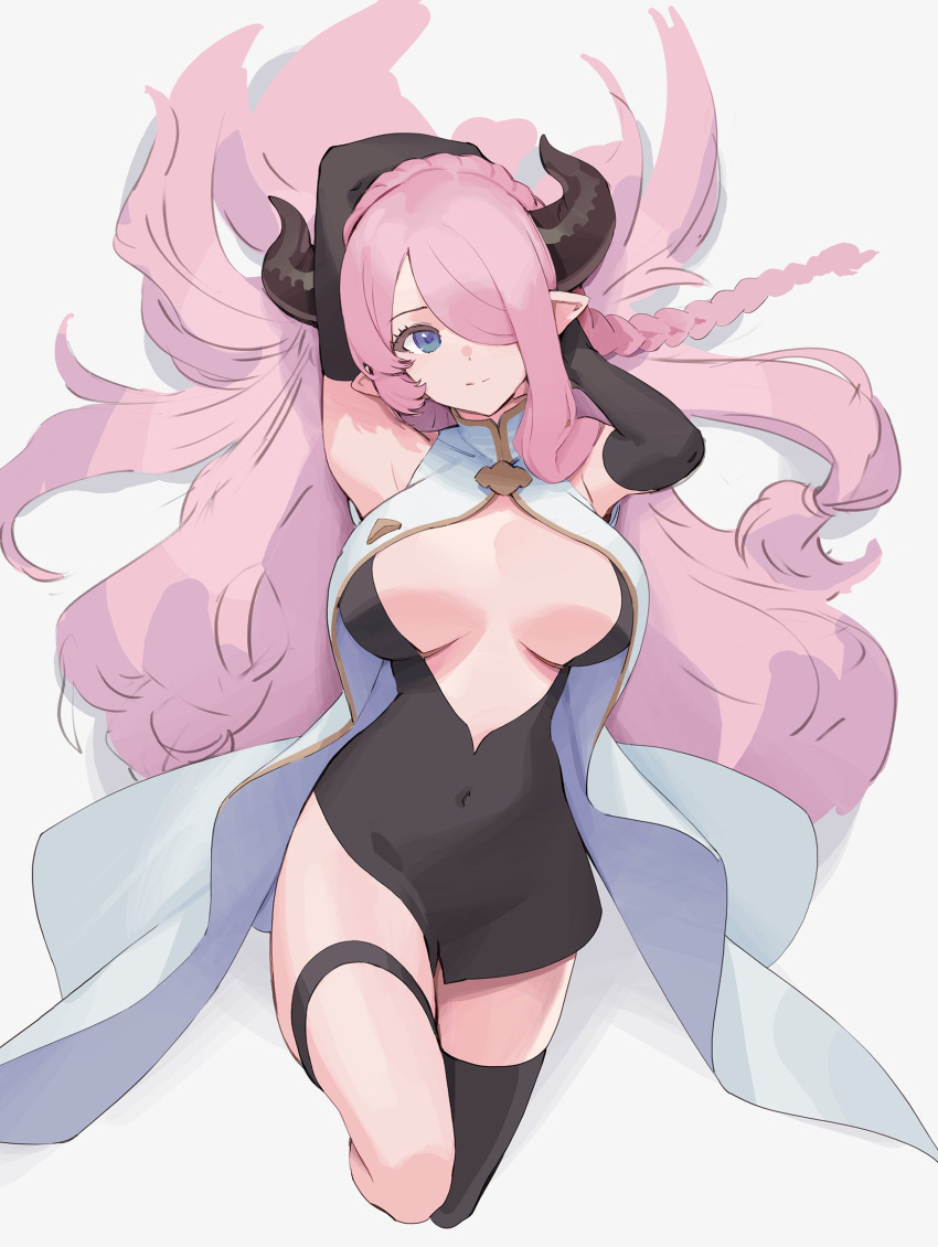 1girl arms_behind_head arms_up black_dress black_gloves black_horns black_thighhighs blue_eyes braid breasts buttons center_opening closed_mouth commentary covered_navel double-breasted draph dress gloves granblue_fantasy grey_background hair_over_one_eye highres horns large_breasts light_smile looking_at_viewer lying narmaya_(granblue_fantasy) olys on_back pink_hair pointy_ears simple_background single_braid single_thighhigh solo symbol-only_commentary thigh_strap thighhighs thighs