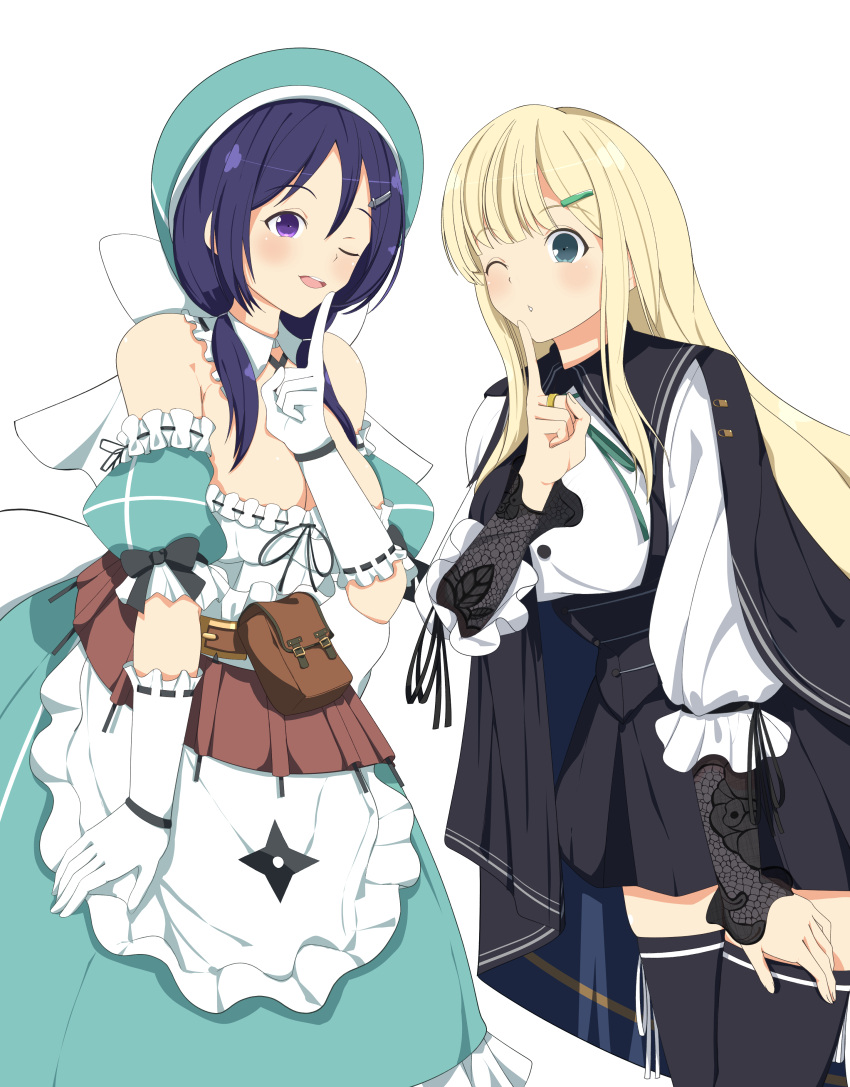 2girls absurdres apron aqua_dress aqua_eyes aqua_headwear assault_lily bare_shoulders belt belt_buckle belt_pouch beret black_bow black_cape black_ribbon black_skirt black_thighhighs blonde_hair blue_cape blush bow breasts brown_belt buckle buttons cape cleavage commentary_request cosplay costume_switch cowboy_shot crossover detached_collar detached_sleeves dress finger_to_own_chin frilled_apron frilled_dress frilled_gloves frilled_sleeves frills gloves green_ribbon hair_between_eyes hair_ornament hairclip hand_on_own_thigh hat hat_bow highres jewelry kayano_ai large_breasts layered_sleeves leg_ribbon long_hair long_sleeves looking_at_viewer low_twintails miniskirt multiple_girls neck_ribbon one_eye_closed parted_lips pleated_skirt pouch puffy_detached_sleeves puffy_short_sleeves puffy_sleeves purple_eyes purple_hair ribbon ribbon-trimmed_gloves ribbon-trimmed_sleeves ribbon_trim ring school_uniform senran_kagura senri_(senri03151221) shirt short_sleeves sidelocks simple_background skirt sleeve_bow sleeve_ribbon standing teeth thigh_ribbon thighhighs twintails two-sided_cape two-sided_fabric underbust upper_teeth_only voice_actor_connection watanabe_akane watanabe_akane_(cosplay) white_apron white_background white_bow white_gloves white_ribbon white_shirt yomi_(senran_kagura) yurigaoka_girls_academy_school_uniform zettai_ryouiki