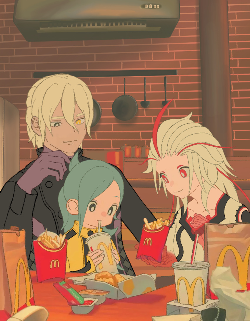 1boy 2girls aged_down ai_the_somnium_files aiba_(ai_the_somnium_files) air_conditioner artificial_eye bag black_coat black_eyes blonde_hair blue_hair brick_wall bright_pupils chicken_nuggets closed_mouth coat commentary cup date_kaname disposable_cup drinking_straw english_commentary fast_food fiiib food french_fries gloves hair_between_eyes heterochromia highres indoors kitchen long_hair long_sleeves looking_at_another mcdonald's meme multicolored_hair multiple_girls okiura_mizuki paper_bag purple_gloves red_eyes red_gloves short_hair smile streaked_hair table upper_body white_pupils yellow_eyes yoru_mac