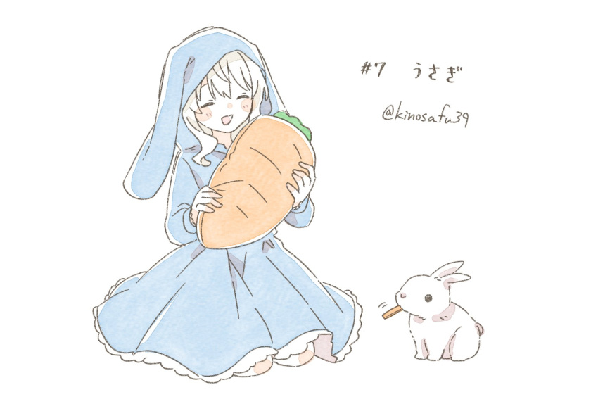 1girl :d ^_^ alternate_costume animal animal_ears animal_hood animal_name blue_dress carrot closed_eyes closed_mouth commentary dress facing_animal highres holding holding_stuffed_toy hood hood_up hooded_dress kagerou_project kozakura_marry long_sleeves lop_rabbit_ears mouth_hold numbered open_mouth pastel_colors plush_food rabbit rabbit-ear_hood rabbit_ears sa-fu_(sfmk39) simple_background sitting smile solo stuffed_food stuffed_toy translated twitter_username white_background white_hair white_rabbit_(animal)