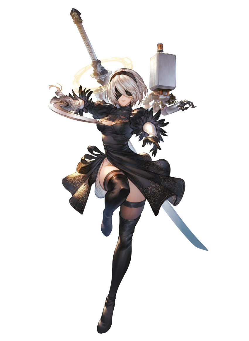 1girl 2b_(nier:automata) absurdres black_blindfold black_dress black_footwear black_gloves black_hairband black_thighhighs blindfold boots breasts cleavage cleavage_cutout closed_mouth clothing_cutout commentary_request dress facing_viewer feather-trimmed_sleeves full_body gloves granblue_fantasy granblue_fantasy_versus hairband highres holding holding_sword holding_weapon juliet_sleeves katana knees_up long_sleeves medium_breasts mole mole_under_mouth nier:automata nier_(series) official_art pod_(nier:automata) puffy_sleeves short_hair simple_background solo standing sword sword_behind_back thighhighs thighhighs_under_boots virtuous_contract virtuous_treaty weapon white_background white_hair