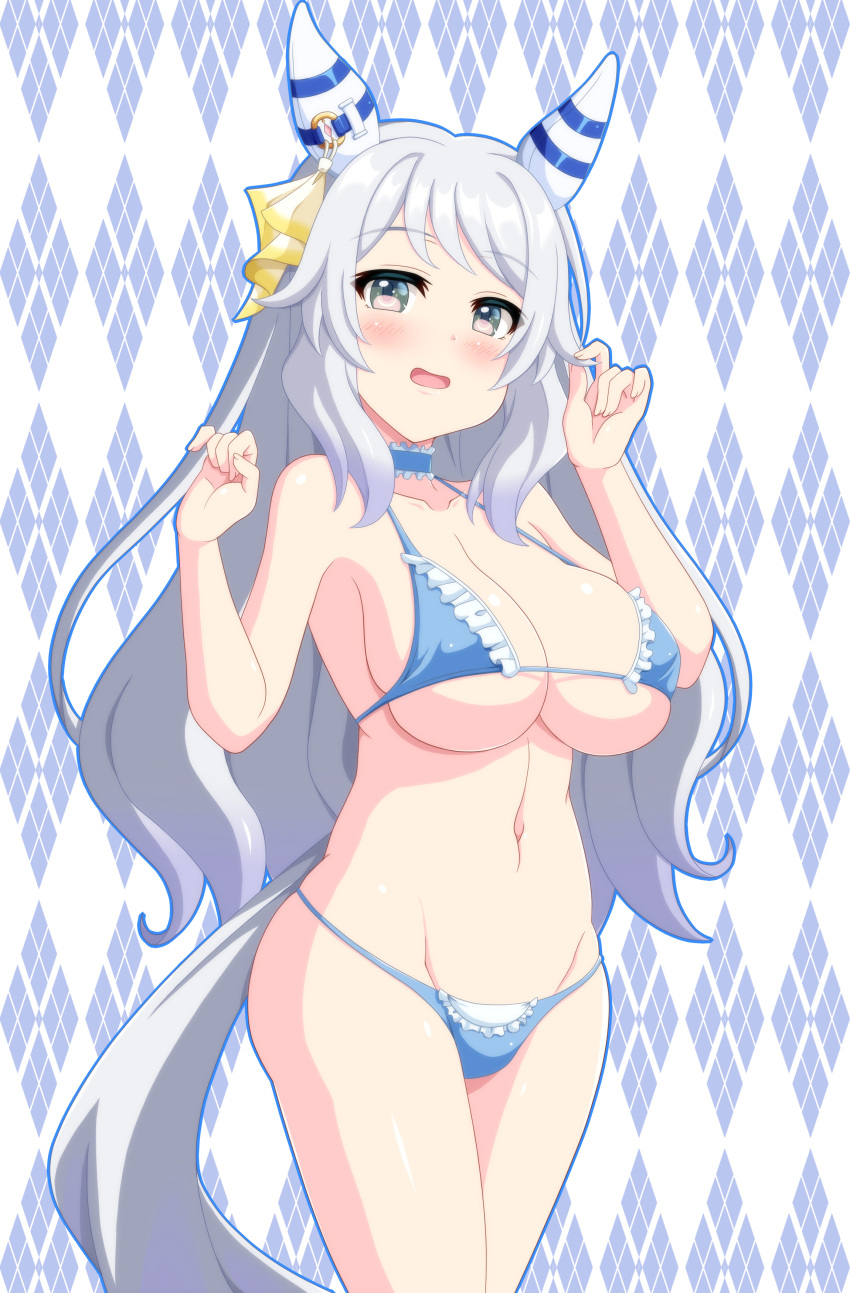 1girl absurdres alternate_costume alternate_hair_length alternate_hairstyle animal_ears argyle argyle_background bikini blue_bikini blue_choker breasts brown_eyes choker cleavage commentary_request cowboy_shot denim ear_covers ear_ornament frilled_bikini frills grey_hair highres hishi_miracle_(umamusume) horse_ears horse_girl horse_tail jeans large_breasts long_hair looking_at_viewer navel open_mouth pants solo swimsuit tail umamusume wontam