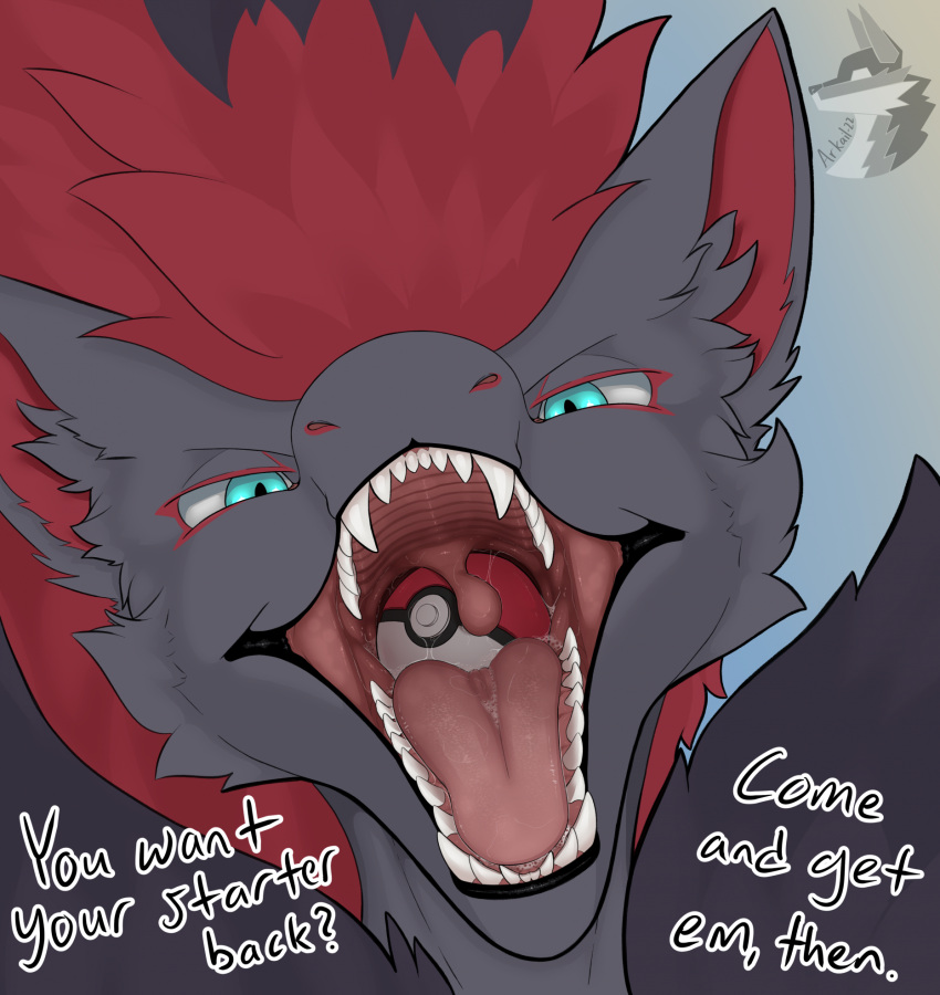 ambiguous_gender anthro arkailart big_uvula biped bodily_fluids canid canine digital_drawing_(artwork) digital_media_(artwork) fox fur generation_5_pokemon hi_res looking_at_viewer mammal mouth_shot nintendo object_ingestion object_vore open_mouth oral_vore pokeball pokeball_in_mouth pokemon pokemon_(species) saliva simple_background solo swallowing_pokeball talking_to_viewer text tongue uvula vore white_body white_fur zoroark