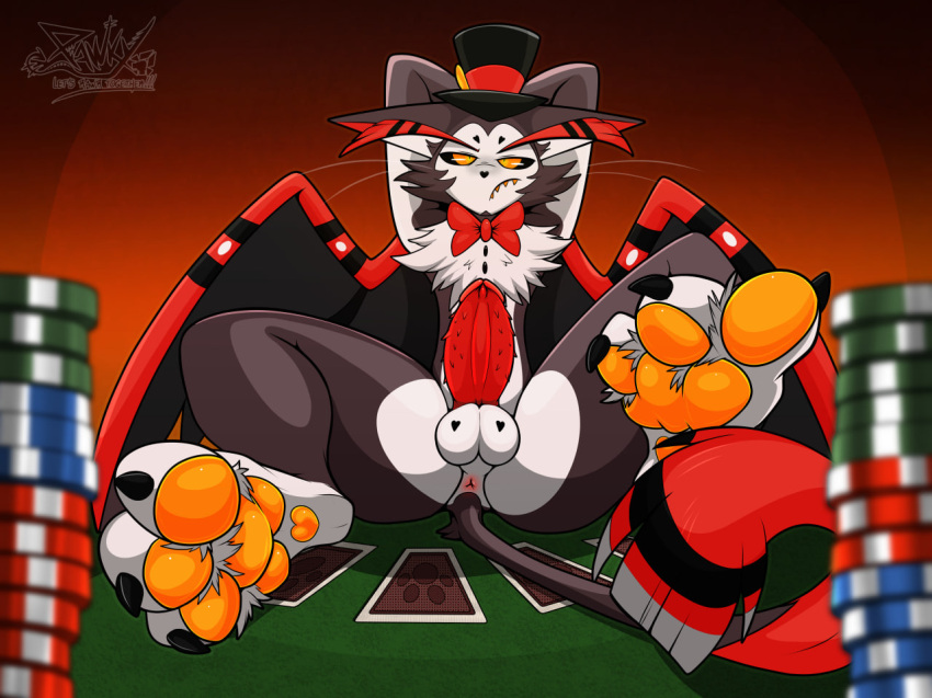 anthro anus balls casino domestic_cat erection felid feline felis game_over gameplay_mechanics genitals hazbin_hotel husk_(hazbin_hotel) male mammal pawpads paws pawzzhky penis raised_paw solo