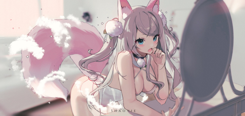 1girl animal_ear_fluff animal_ears artist_name bare_shoulders bent_over black_choker blue_eyes blurry blurry_background blush breasts choker cleavage commentary flower_(symbol) grey_hair highres indie_virtual_youtuber leaning_forward leotard long_hair looking_at_mirror medium_breasts mirror open_mouth shaoviie solo tail thick_eyelashes two_side_up upper_body wavy_hair white_leotard