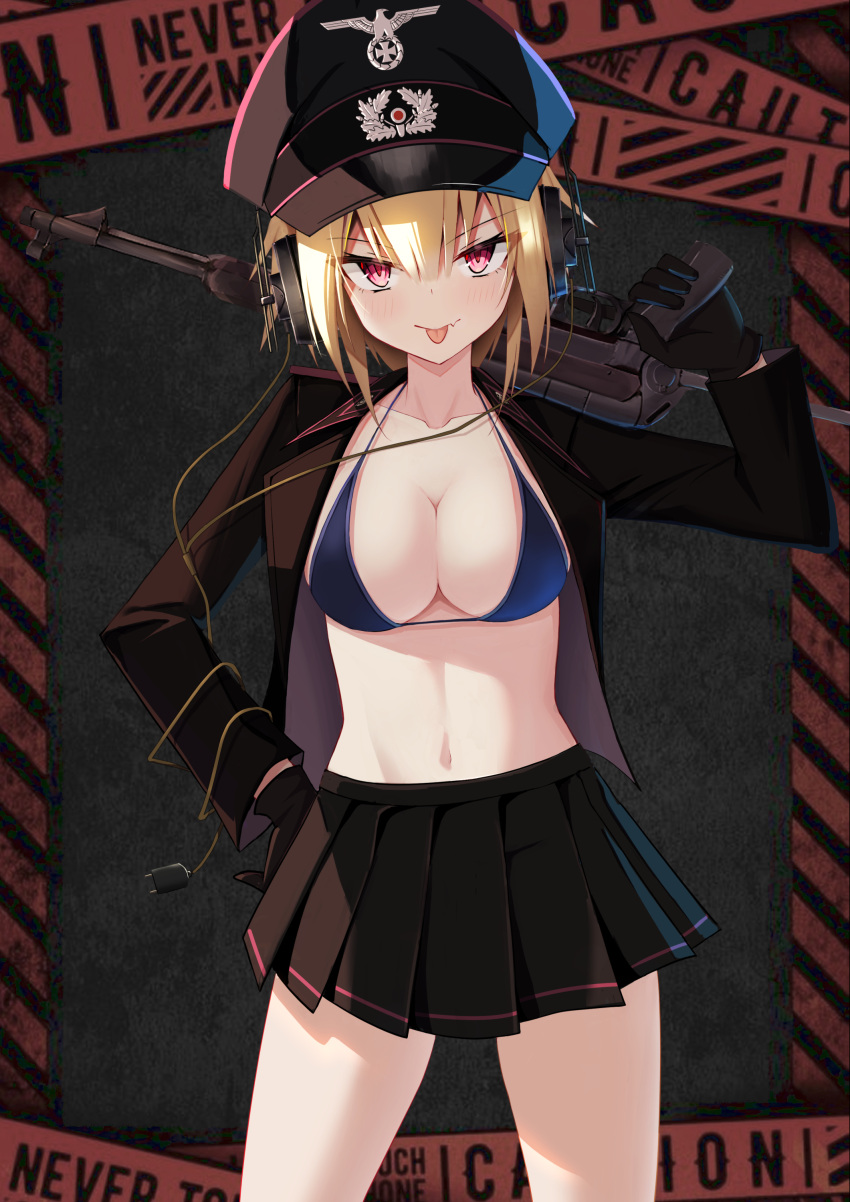 1girl absurdres blonde_hair bra breasts brown_gloves cable commentary_request cross epaulettes fang gloves gun hand_on_own_hip hat headphones highres holding holding_gun holding_weapon iron_cross jacket jiseki_rena looking_at_viewer medium_breasts military_uniform navel nazi open_clothes open_jacket original over_shoulder peaked_cap red_eyes reichsadler rena_(jiseki_rena) short_hair skin_fang skirt solo standing tongue tongue_out tsurime underwear uniform weapon weapon_over_shoulder weapon_request