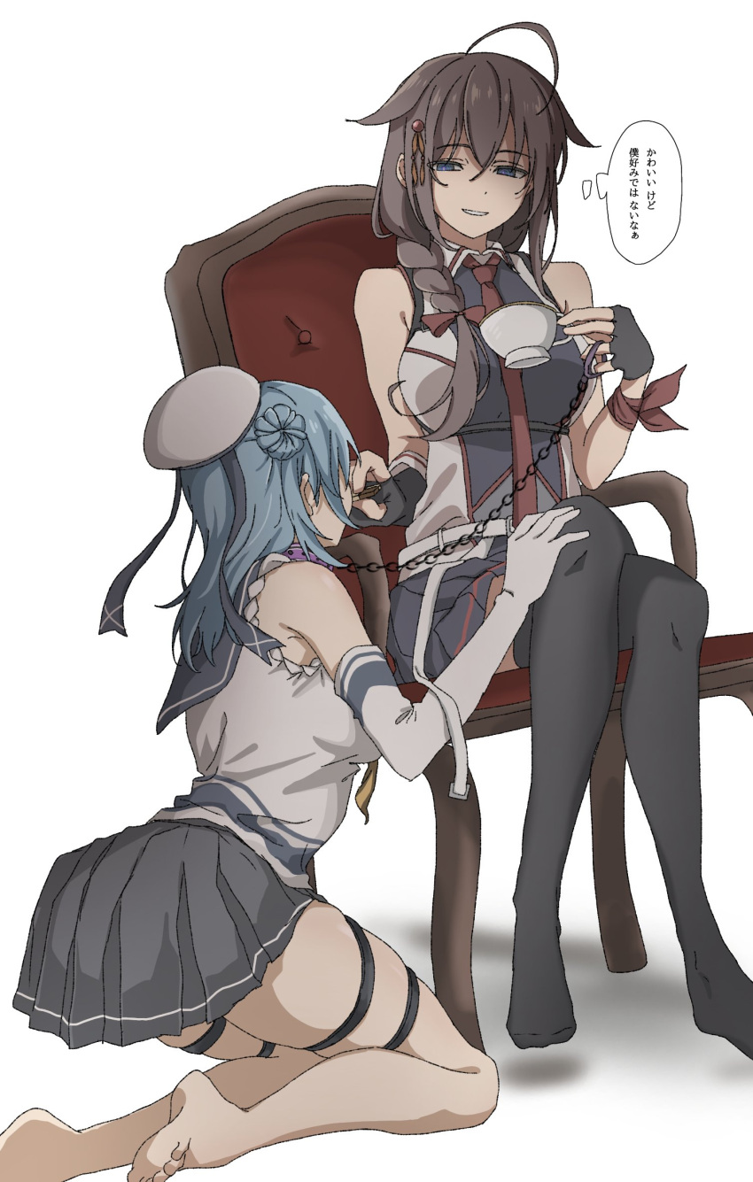 2girls ahoge arm_ribbon bare_shoulders barefoot bdsm black_gloves black_skirt black_thighhighs blue_eyes blue_hair breasts brown_hair chain chocolate collar commission cup elbow_gloves evil_smile femdom fingerless_gloves food gloves hair_bun hand_on_another's_knee highres holding holding_chocolate holding_food kantai_collection kirisaki_seeker multiple_girls necktie no_shoes pleated_skirt purple_collar red_necktie ribbon shigure_(kancolle) sitting skeb_commission skirt sleeveless smile speech_bubble teacup thigh_strap thighhighs urakaze_(kancolle) white_background white_gloves
